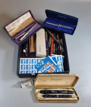 Small box comprising assorted vintage and other pens, to include: Parker, Sheaffer, 14ct nib