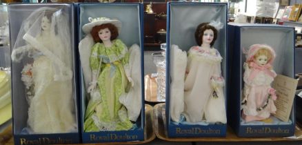 Four Royal Doulton Nisbet dolls in original boxes to include: a bride, 'Pink Sash' with COA,