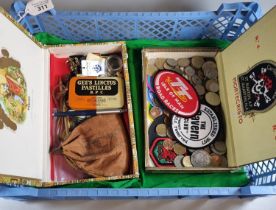 Collection of oddments to include: coins, leather coin purse, pens, Blue Peter, Bark in the Park dog