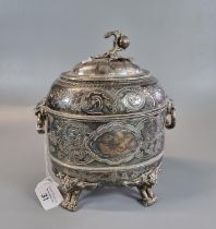 Late 19th century silver plated oval section tea caddy with hinged cover, lion mask loop handles and