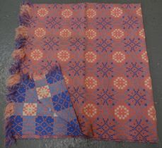 Pink ground Welsh woollen vintage geometric design fringed edge blanket or carthen. (B.P. 21% + VAT)