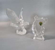 A Waterford crystal study of an eagle with spread wings, together with a Waterford crystal harp