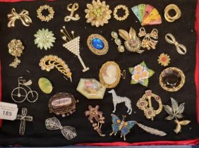 Collection of vintage and other brooches to include: cameo shell rolled gold, greyhound, bicycle,