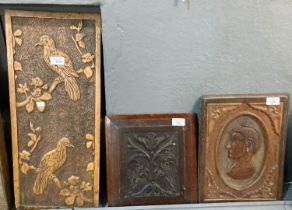 Three carved wooden panels: Balinese Figure, foliate design and birds amongst foliage. (3) (B.P. 21%