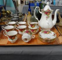 Fifteen piece Royal Albert English bone china 'Old Country Roses' design coffee set with coffee pot.