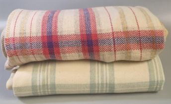 Four vintage woolen blankets/carthen, three check design in various colourways and one striped