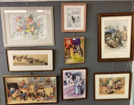 Group of assorted furnishing prints including: coloured prints of cats after Louis Wain and others