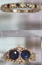 Yellow metal seed pearl and probably sapphire ring. 2.1g approx. Size K1/2. Together with another