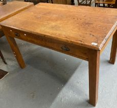 Late 19th early 20th century pitch pine single drawer farmhouse kitchen table on square legs.