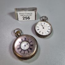 Silver keyless half hunter lever pocket watch with Roman face, 4.5cm diameter approx. together