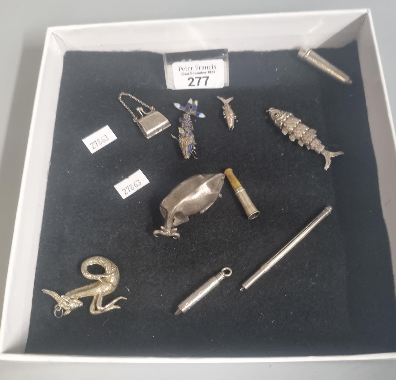 Collection of silver items marked 925 - 835 to include: twizzle stick, reticulated enamel and