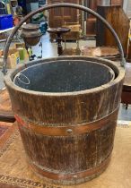 Victorian Oak coopered bucket/barrel with copper banding and swing handle with original metal