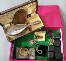 Box file comprising silver hallmarked heavy bracelet in Gucci box, silver brush and mirror, four