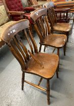 Set of three late Victorian elm slat back farmhouse kitchen chairs. (3) (B.P. 21% + VAT)