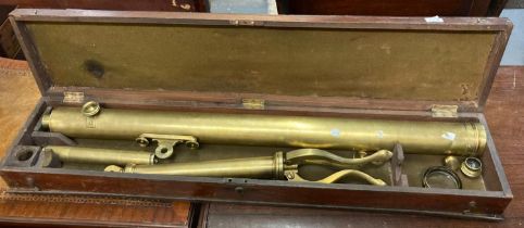 19th century all brass single drawer telescope by L P Cutts of London on a tri-form adjustable base,