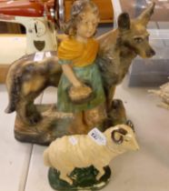 Early 20th century coloured plaster model of a girls with large dog together with similar model of a