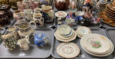 Four trays of ceramics, many Welsh pottery including: 19th century jugs, Royal Doulton 'Monica' bone