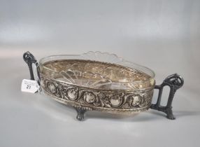 WMF style silver plated two handled centre bowl/dish with glass liner of oval form decorated with