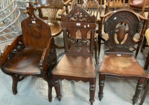 Collection of Victorian mahogany hall chairs of ecclesiastic design. (3) (B.P. 21% + VAT)