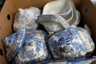 Box of Staffordshire blue and white Asiatic Pheasant design dinner ware together with Willow pattern