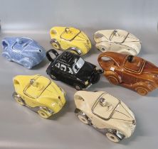 Set of six Sadler ceramic novelty teapots in the form of racing cars together with another ceramic