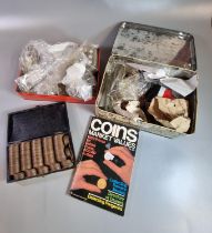 Two tin boxes of assorted GB coinage, some silver together with coins market values book. (B.P.