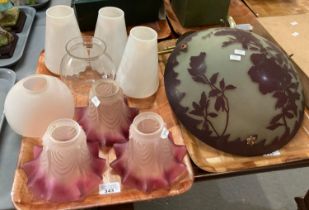 Two trays of glassware to include: ceiling light shades three cranberry glass and opaline together