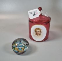 19th Century Bohemian cranberry glass jar and cover with hand painted portrait panel of a young