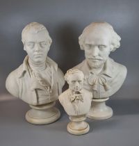 Two 19th century Parian Ware busts, one marked E. W. Wyon ' Burns' and 'William Shakespeare',