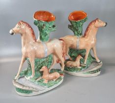 Pair of 19th century Staffordshire equestrian spill vase groups , Mares with Foals, on