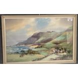 Cecil Hodgkinson, coastal landscape with beach and farmstead, signed. Watercolours. 33x50cm