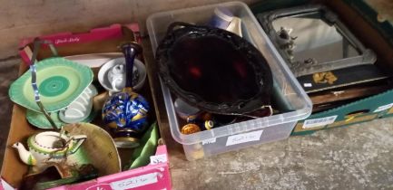 Three boxes of assorted items to include: trays, mirrors, pottery and other ceramics, cake stand