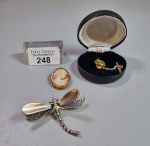 Unusual silver 925 dragonfly brooch marked Mexico together with 9ct gold cameo brooch and gold