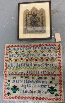 Victorian unframed sampler, 'Mary Jane Williams aged 12 years January 1876', together with a