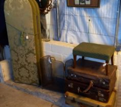 Vintage five fold fabric screen together with a brass and mesh three fold fire screen, three vintage