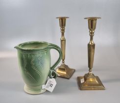 Patrick Bentham Radley Swedish single handled green ground jug, together with a pair of brass