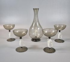 1920's/30's Bimini smoky Art Glass mermaid cordial set of four glasses and carafe/decanter. (5) (B.