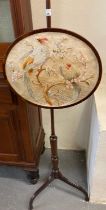 Victorian mahogany tripod poll/makeup screen the tapestry panel decorated with exotic birds