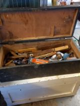 Vintage pine tool box containing an assortment of carpenter's tools, various. Together with a