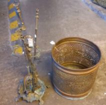 Brass filigree work circular log bin and a set of reproduction brass fire irons in rococo style