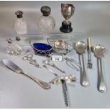 Collection of silver and other items to include: hobnail cut and silver globular scent bottle,