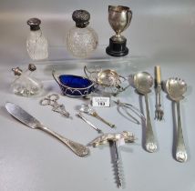 Collection of silver and other items to include: hobnail cut and silver globular scent bottle,