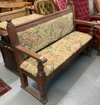Victorian pitch pine settle/bench with later floral upholstery. (B.P. 21% + VAT)