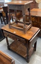 Mid century oak side table with drop flap, single drawer and under tier together with 17th century