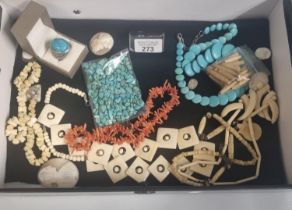 Box comprising assorted jewellery to include: turquoise ring and turquoise necklace, coral necklace,