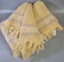 Vintage woollen yellow ground check honeycomb blanket/carthen with fringed edges. (B.P. 21% + VAT)