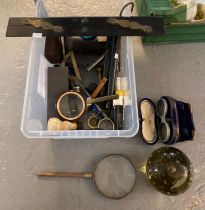 Box of assorted desk items, drawing instruments, writing instruments, magnifying glass, dump