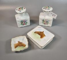 Pair of continental porcelain floral perfume jars and covers stoppers together with a Royal Crown