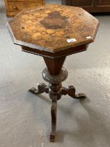 Victorian walnut and mixed woods inlaid ladies octagonal work table on a tripod base in distressed