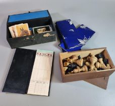 Wooden box comprising wooden carved chess pieces together with a card box with scoring sheets. (B.P.
